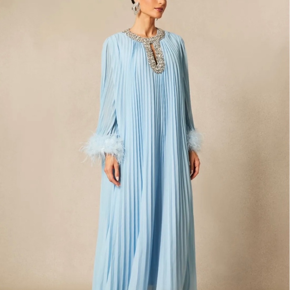 BLUE CHIFFON FEATHER FORMAL DRESS